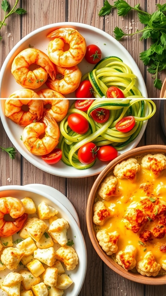 Quick and Easy 5-Ingredient Low Carb Recipes Three low carb dishes: garlic butter shrimp, zucchini noodles with pesto, and cheesy cauliflower bake on a rustic table.